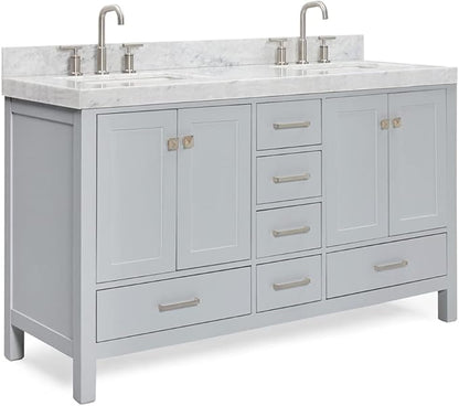 ARIEL Cambridge 60-inch Bathroom Vanity with Sink,Solid Wood, 2-inch Italian Carrara Marble Countertop, Double Rectangular Porcelain Sink, 4 Soft Closing Doors, 6 Dovetail Drawers, Grey