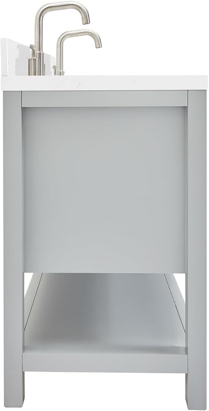 ARIEL Magnolia 72-inch Bathroom Vanity with Sink,Solid Wood, 1.5-inch Carrara White Quartz Countertop & Backsplash, Double Rectangular Porcelain Sink, 4 Soft Closing Doors, 3 Dovetail Drawers, Grey