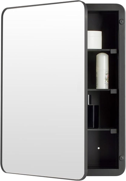 16’’x26’’ Medicine Cabinet,Metal Framed Medicine Cabinet Mirror with Round Corner,Recessed and Surface Mount Bathroom Mirror with Storage, Removeable Shelves,Dark Gray Frame