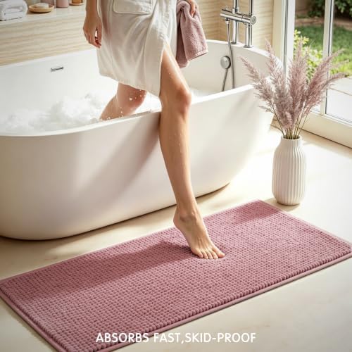 SUBRTEX Bathroom Rugs, 24" x 44" Chenille Bath Rug Soft Short Plush Bath Mat Soft Shower Mat Water Absorbent Shower Mat Quick Dry Machine Washable, Pink