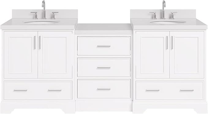 ARIEL Stafford 84-inch Bathroom Vanity with Sink,Solid Wood, 1.5in Pure White Quartz Countertop & Backsplash, Double Oval Porcelain Sink, 4 Soft Closing Doors, 5 Dovetail Drawers, White