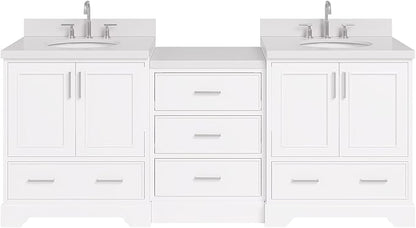 ARIEL Stafford 84-inch Bathroom Vanity with Sink,Solid Wood, 1.5in Pure White Quartz Countertop & Backsplash, Double Oval Porcelain Sink, 4 Soft Closing Doors, 5 Dovetail Drawers, White