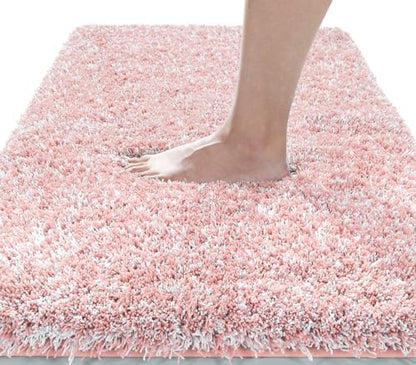 Yimobra Luxury Bathroom Rugs, Fluffy Bath Mats, Non Slip, Water Absorbent Microfiber, Machine Washable, Plush Carpet Shower Rugs, Thick Matts for Bathroom Floor&Tub, 44" X 24", Light Pink and White