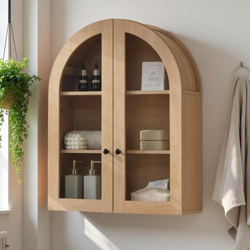 Bathroom Arched Wall Cabinet, 23.5'' Wide Medicine Cabinet, Bathroom Cabinet Wall Mount W/ Glass Doors & Adjustable Shelves, Over The Toilet Storage Cabinet for Laundry Room, Bedroom,Kitchen,Natural