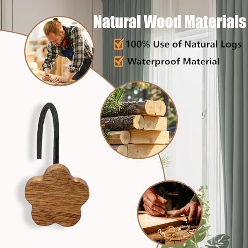 Shower Curtain Hooks, Wood Decorative Shower Curtain Rings, Modern Round Log Shower Curtain Hangers, 12PCS Shower Hooks for Shower Curtain Rod, Bedroom, Living Room (Flower-Black)