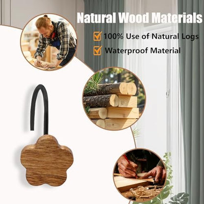 Shower Curtain Hooks, Wood Decorative Shower Curtain Rings, Modern Round Log Shower Curtain Hangers, 12PCS Shower Hooks for Shower Curtain Rod, Bedroom, Living Room (Flower-Black)