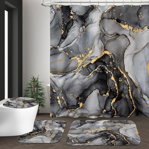 NBVKO 4 Pcs Black Marble Shower Curtain Sets with Rugs Gold Bathroom Sets with Shower Curtain and Rugs Modern Abstract Bathroom Decor Accessories Shower Curtains for Bathroom Toilet Lid Cover