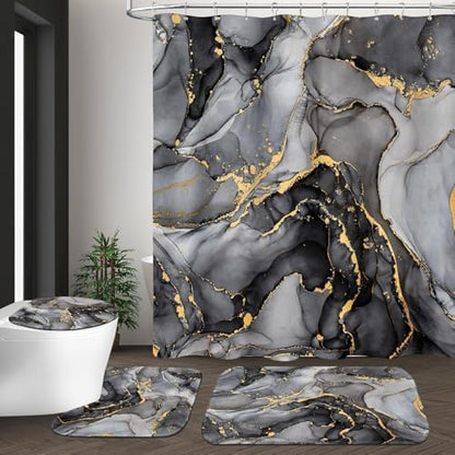 NBVKO 4 Pcs Black Marble Shower Curtain Sets with Rugs Gold Bathroom Sets with Shower Curtain and Rugs Modern Abstract Bathroom Decor Accessories Shower Curtains for Bathroom Toilet Lid Cover