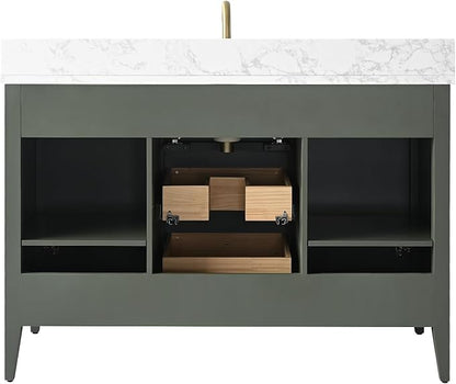 HOMEBEYOND 48" Bathroom Vanity with Sink, Solid Wood Bathroom Vanity Free-Standing Cabinet, Drawers, Ceramic Top & Soft Closing Door, Golden Brushed Handware, Vintage Green