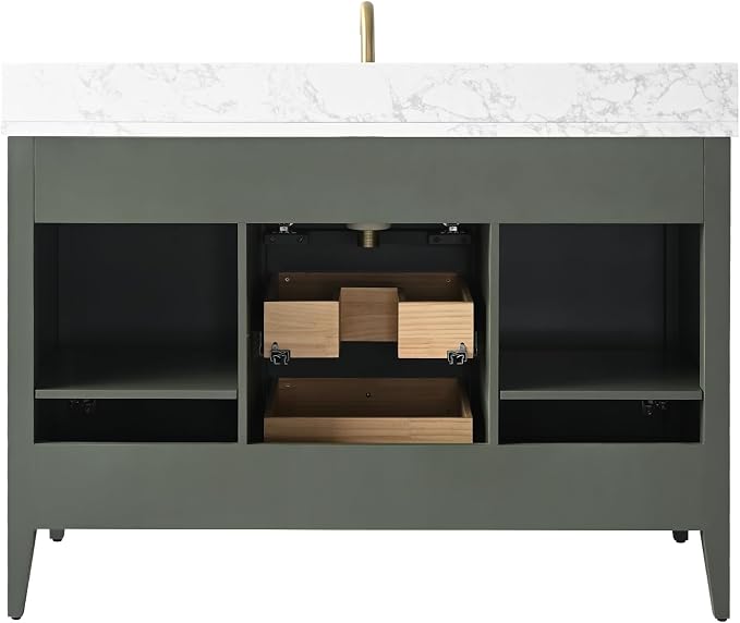 Vanity Art 48 inch Bathroom Vanity with Single Sink & Ceramic Top, Vanity Cabinet with Soft-Closing Door, Solid Wood Frame, Linear Pattern, Vintage Green, Golden Brushed Handware VA9148-VG-GB