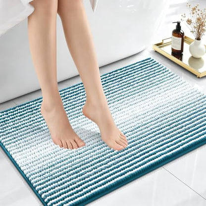 OLANLY Small Bathroom Rugs 24x16, Chenille Striped Bath Rugs, Peacock Blue
