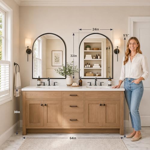 Arched Bathroom Mirrors Set of 2, 24x32 Black Rust-Resistant Metal Frame Vanity Mirror, HD Shatter-Resistant Wall Mirror for Over Sink, Modern Bathroom Mirror for Bedroom, Entryway, Living Room