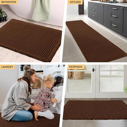 IM HOME Waffle Bath Mat Set 3 Piece Brown,Woven Modern Bath Rug Mats, Absorbent Non Slip Bath Floor Mat, Soft Washable Boho Bath Rugs with Tassels for Bathroom, Bedroom, Kitchen,Tub