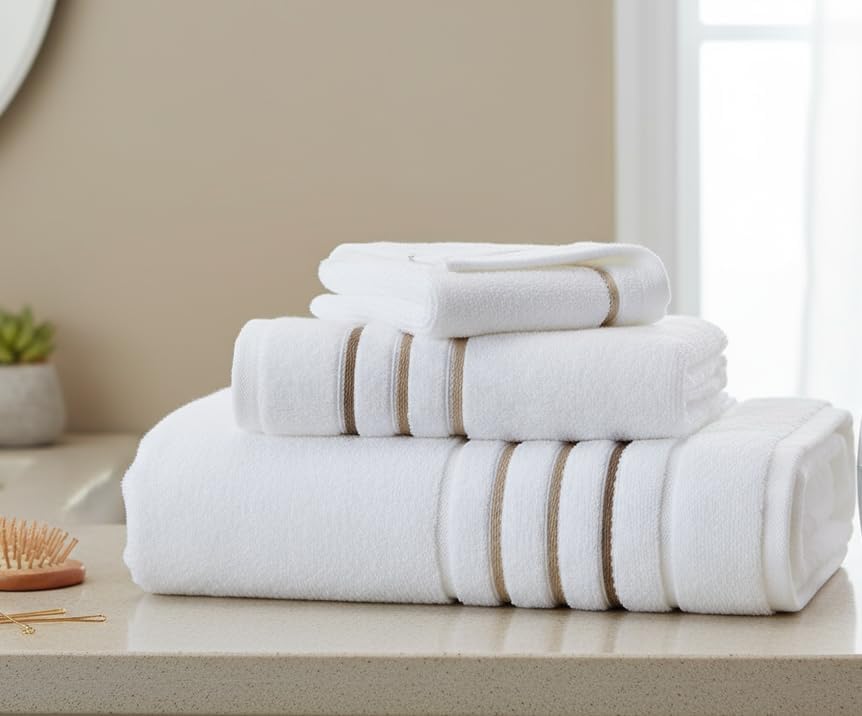 Hand Towels Set for Bathroom – Luxury 4-Piece Cotton Towels (30''x17''), Soft Absorbent & Quick Dry, 600 GSM Bath Towels for Bathroom, Hotel Spa Quality (White/Taupe, 4-Hand Towel Set)