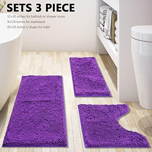 Bathroom Rugs Chenille 3-Piece Extra Soft and Absorbent Shag Bathroom Rugs, Machine Wash Mat, Strong PVC Non-Slip Underside, Plush Carpet Mats (Violet)