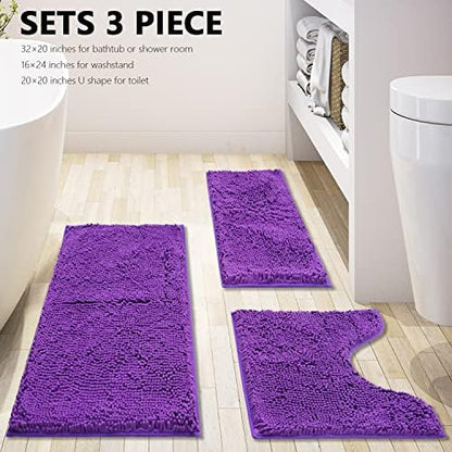 Bathroom Rugs Chenille 3-Piece Extra Soft and Absorbent Shag Bathroom Rugs, Machine Wash Mat, Strong PVC Non-Slip Underside, Plush Carpet Mats (Violet)