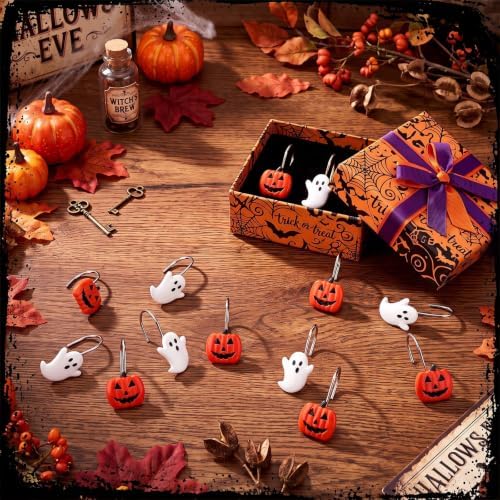 Thyle 12 pcs Halloween Shower Curtain Hooks Decorative Resin Ghost and Pumpkin Shower Curtain Rings Metal Hangers Bathroom Holiday Decoration Accessories for Bathroom Halloween Party