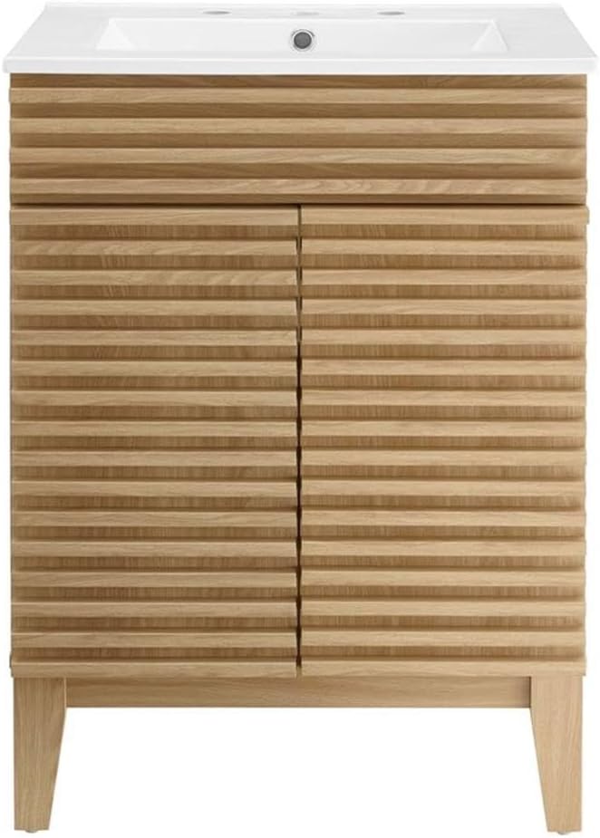 Modway Render Vanity Floor, 24 Inch, Oak/White Sink