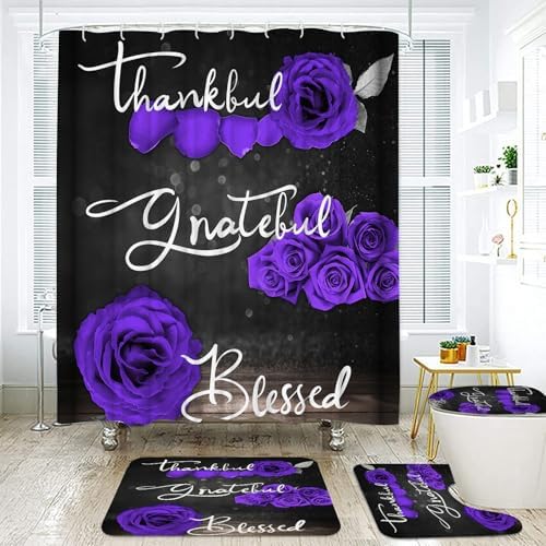 Onalasyc 4Pcs Purple Rose Floral Shower Curtain with Rugs Set