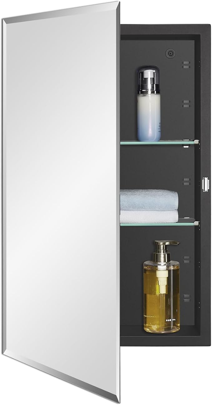 IDYLLOR Black Bathroom Medicine Cabinet with Beveled Edge Mirrored Door 16 x 26 inch, Recessed or Surface Mount, with Adjustable Glass Shelves