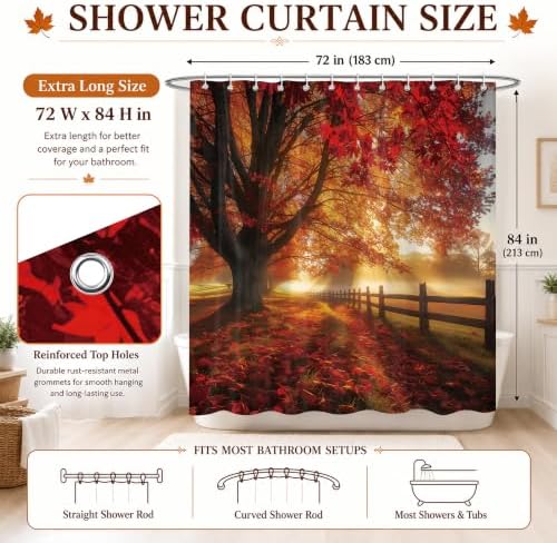 Red Maple Forest Shower Curtain, 72 x 84 Inch Waterproof Polyester Fall Landscape Bathroom Curtain, Autumn Tree Sunrise Woodland Bath Curtain for Tub Decor