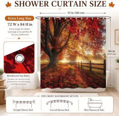 Red Maple Forest Shower Curtain, 72 x 84 Inch Waterproof Polyester Fall Landscape Bathroom Curtain, Autumn Tree Sunrise Woodland Bath Curtain for Tub Decor
