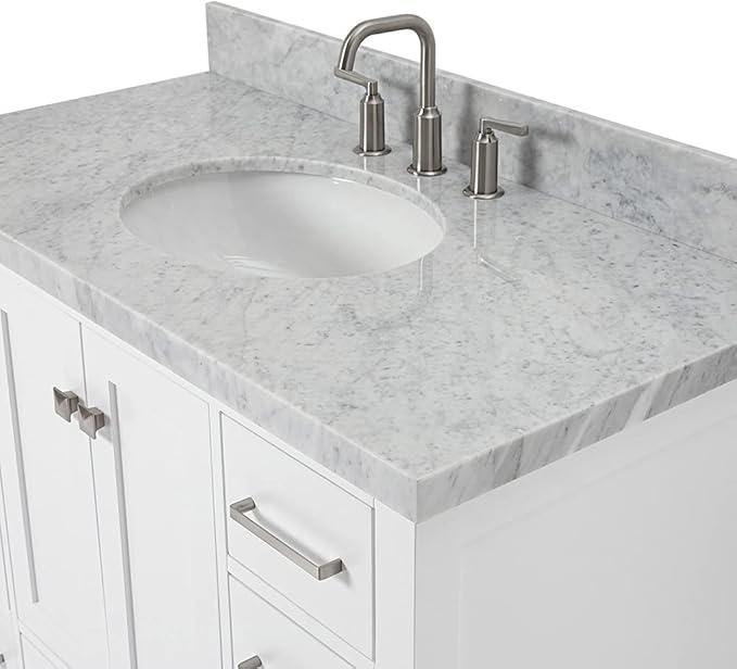 ARIEL Cambridge 42-inch Bathroom Vanity with Sink,Solid Wood, 1.5-inch Italian Carrara Marble Countertop & Backsplash, Single Oval Porcelain Sink, 2 Soft Closing Doors, 9 Dovetail Drawers, White