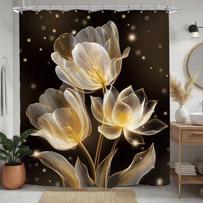 Lotus Tulip Black Gold Shower Curtain 60Wx72L Inch Flower Botanical Blossom Plant Beautiful Bathroom Set Accessories Decor with 12 Pack Hooks