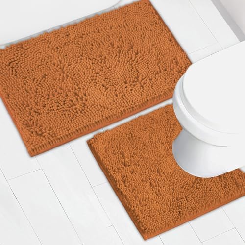 Bathroom Rugs Chenille Bath mat 2 Piece Set, Super Absorbent, Strong PVC Non Slip Backing, Bath mats for Bathroom, Plush Shaggy, Thick, Machine Washable, Bathtub, Toilet.(Champagne)