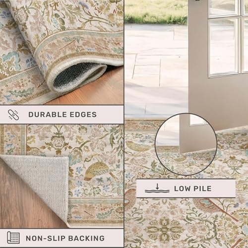 Hazo Haus Beige Washable 7x10 Kitchen Table Area Rug - Western Nature Rugs for Living Room, Bedroom, Playroom, Guest Room with Boho Neutral Botanical & Bird Pattern, Non Slip Stain Resistant Low Pile