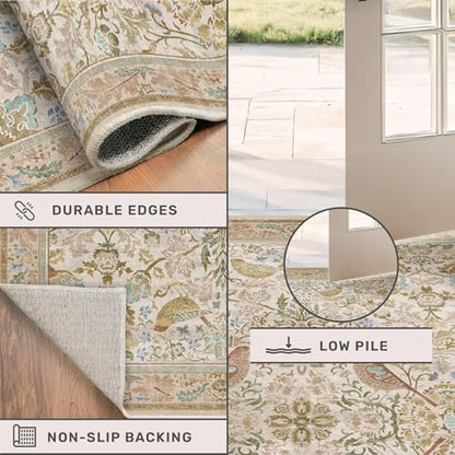 Large Washable Living Room Rug 8x12 - Beige Floral Area Rugs for Bedroom Under Bed, Dining Room Table Rug, Neutral Farmhouse Décor with Light Blue and Green Accent, Non-Slip Stain & Fade Resistant
