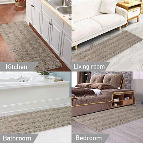 Turquoize Non-Slip Soft Chenille Bath Mat High Water Absorbent for Bath Room/Kitchen Machine-Washable, Perfect for Doormats,Tub,Size 47" X 17",Striped Pattern,Taupe