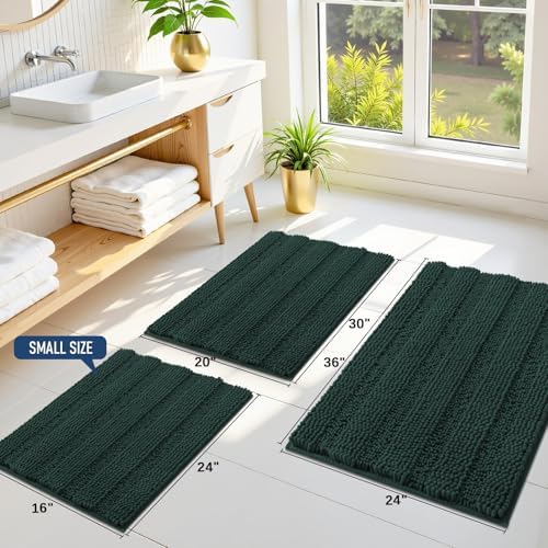 Grandaily Chenille Striped Bathroom Rugs 24x16, Extra Thick and Absorbent Bath Mats, Non-Slip Soft Plush Shaggy Shower Carpet, Machine Wash Dry, Bath Rug for Bathroom, (Small, Dark Green)