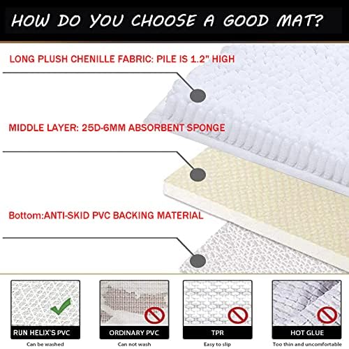 RUN HELIX Chenille Bathroom Mats - Non-Slip Shag Bath Rugs, Washable Soft Shower Mats, Durable Thick Water Absorbent Microfiber Bathroom Set, White