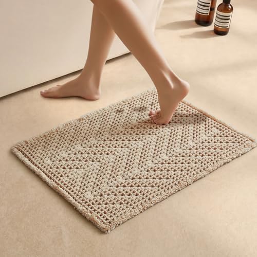Sunfly Waffle Bath Mat, Boho Bath Rugs for Bathroom Floor Super Absorbent & Quick Dry, Non-Slip Washable Bath Mat with Tassels, Ultra Soft Farmhouse Bathroom Decor 16"*24" Beige