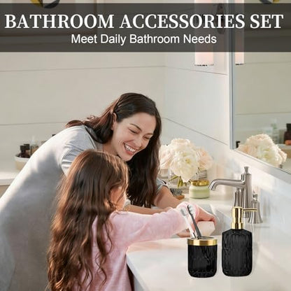 RRM Glass Bathroom Toothbrush Holder and Soap Dispenser Set,Black Gold
