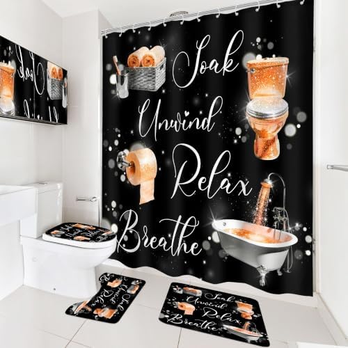 Burnt Orange Fashion Funny Words 4Pcs Bathroom Shower Curtain Set with Rugs