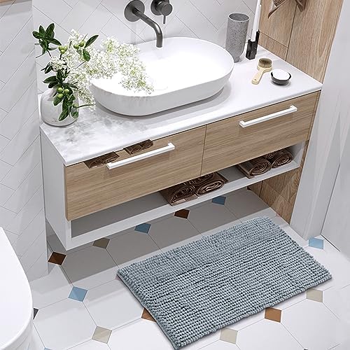 FRESHMINT Chenille Bathroom Rugs Non-Slip Bath Mat 24"x17", Washable Soft Shower Mat, for Bathroom Floor & Tub Fluffy Shag Bath Rugs, Durable Thick Water Absorbent Microfiber Shower Rugs, Sky Gray