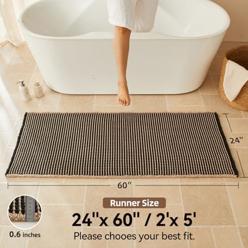 Triohero Waffle Runner Rug Bathroom, Long Boho Bath Mat 24x60 Black & Khaki