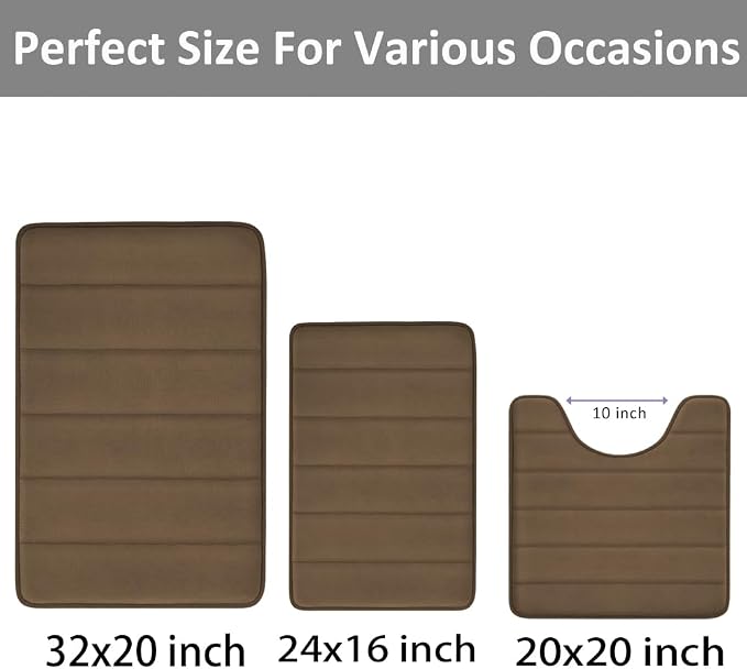 RUN HELIX Brown Bathroom Rugs Memory Foam Bath Mat Set 3 Piece Non-Slip Bath Rugs, Absorbent Shaggy Mats, Machine Wash,Perfect Plush Mats, Bathroom Carpets Set with U-Shaped Toilet Mat-Bedroom Rug