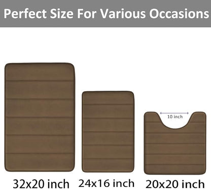 RUN HELIX Brown Bathroom Rugs Memory Foam Bath Mat Set 3 Piece Non-Slip Bath Rugs, Absorbent Shaggy Mats, Machine Wash,Perfect Plush Mats, Bathroom Carpets Set with U-Shaped Toilet Mat-Bedroom Rug