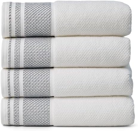 Texere 100% Organic Cotton Rice Weave Jacquard 700 GSM Luxury Bath Towel Sets - 4 Large Bath Towels (Rice Weave, BRT Wht w/Blk, 4 Bath Towels)