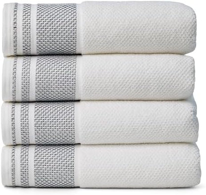 Texere 100% Organic Cotton Rice Weave Jacquard 700 GSM Luxury Bath Towel Sets - 4 Large Bath Towels (Rice Weave, BRT Wht w/Blk, 4 Bath Towels)