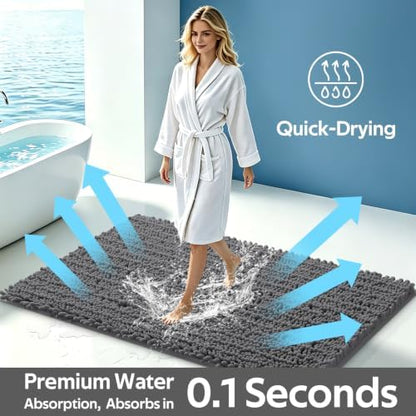 ACCUMTEK Upgrade Luxury 2 Piece Dark Gray Toilet Bathroom Rug Mat 60"x20"+32"x20", Ultra Soft Thick Absorbent Bath Mats, Non Slip Chenille Toilet Mat for Bathroom, Bedroom, Kitchen, Shower, Tub