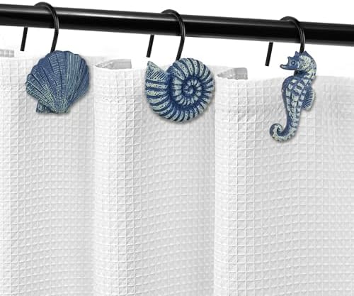 Sunlit Seashells Decorative Shower Curtain Hooks, Blue Ocean Creatures Coastal Shower Curtain Rings with Black Hooks, Resin, Nautical Bathroom Decoration Beach Shower Curtain Hooks, Set of 12