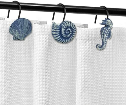 Sunlit Seashells Decorative Shower Curtain Hooks, Blue Ocean Creatures Coastal Shower Curtain Rings with Black Hooks, Resin, Nautical Bathroom Decoration Beach Shower Curtain Hooks, Set of 12