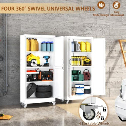 61" Metal Garage Storage Locker Cabinet with Wheels,Rolling White Farmhouse Kitchen Pantry Cabinet with 2 Doors and 3 Adjustable Shelves, Steel File Tool Cabinet for Home Office Warehouse