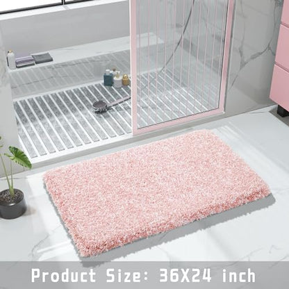 Yimobra Bathroom Rugs Non Slip Washable 36X24, Ultra Soft and Water Absorbent Bath Mats, Plush Fluffy Shower Mat Outside, Luxury Microfiber Thick Matts for Bathroom Floor/Tub, Light Pink and White