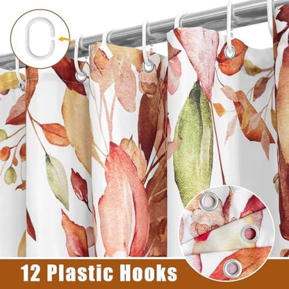 Fall Eucalyptus Leaves Shower Curtain, Autumn Aesthetic Art Watercolor Plant Leaf with Floral Bathroom Decor, Waterproof Fabric Cloth Bath Curtain Set with Hooks (Brown-Orange, 72" W x 72" L)