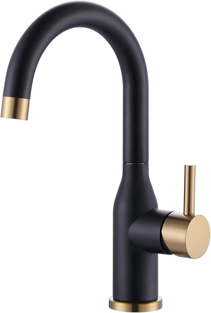 WOWOW Black and Gold Modern Single Handle Bar Faucet, 1 Hole, 360 Swivel, RV Sink Faucet, Mini Bar Tap with Water Supply Hoses